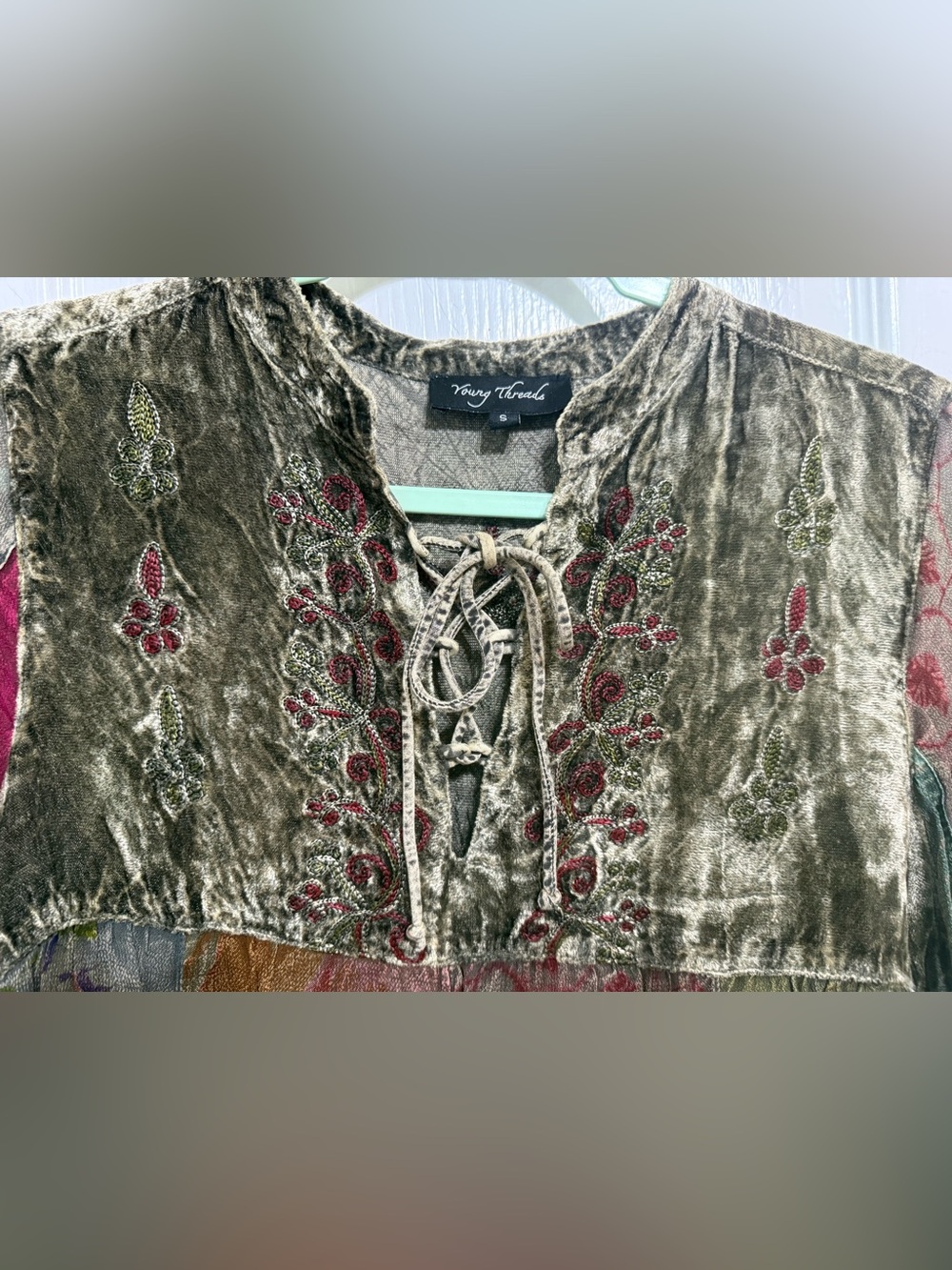 H064 NWT Young Threads S Ptp 18 Multicolor Patchwork Mini Dress with Lace-Up - Picture 5 of 14